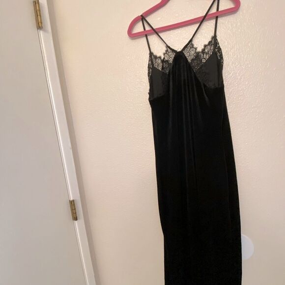 Express stretch Velour velvet black Lace Trim Slip Dress midi maxi side slit XS - Picture 4 of 10